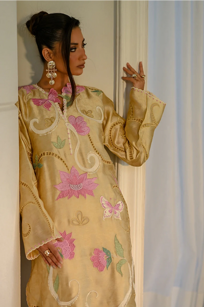 Atharva Heritage Pure Satin Silk Hand Appliqué pakisani Long Kurta Set – Eid Collection 181331843