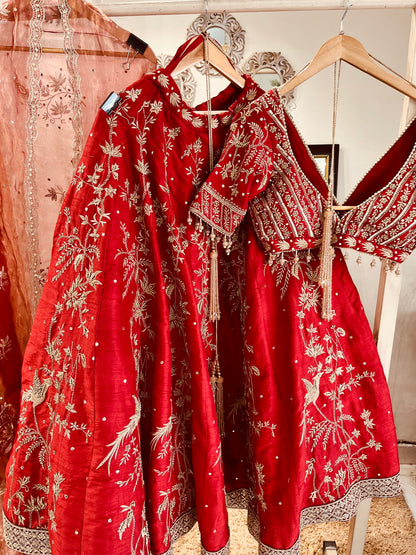 Atharva Heritage Pure Raw Silk 80 Grams 44 Kali Bridal Lehenga with Hand Zardozi Embroidery