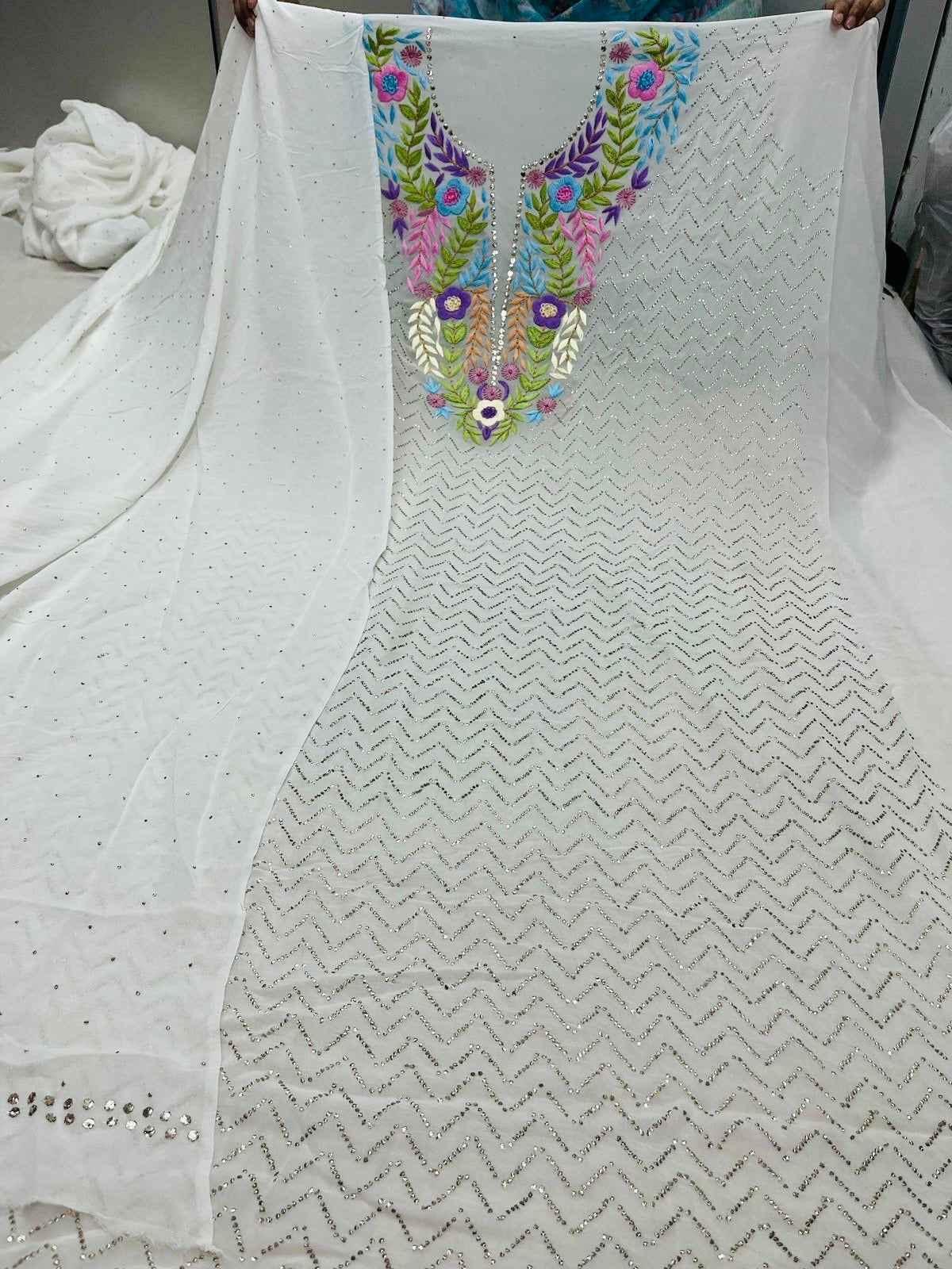Ivory Hand  Mukaish Kamdani Hand Parsi Gara Neckline Suit CHG0071