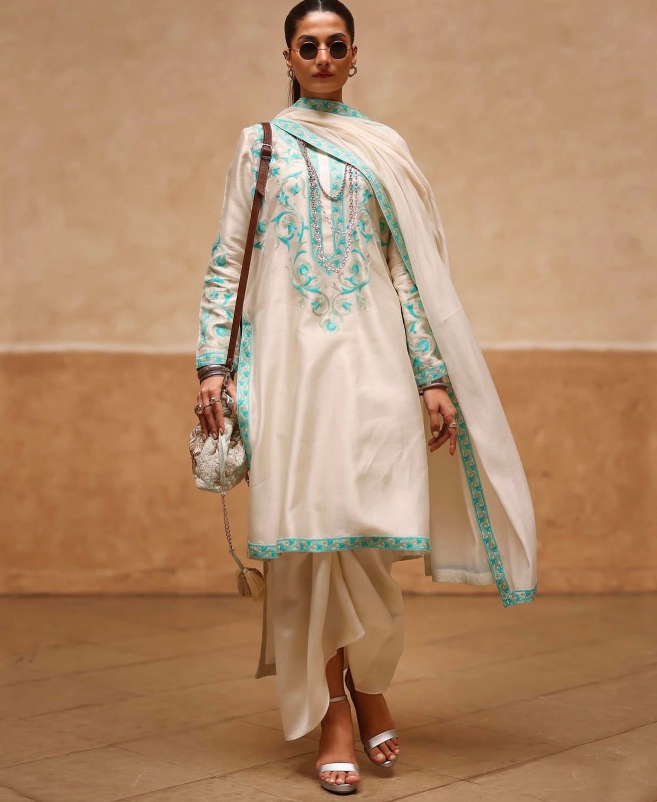Atharva Heritage Pure Raw Silk Kashmiri Embroidery Ensemble with Organza Dupatta & Crepe Silk Dhoti PRK0071