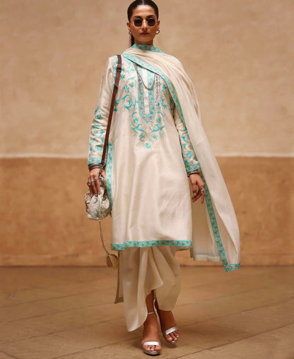 Atharva Heritage Pure Raw Silk Kashmiri Embroidery Ensemble with Organza Dupatta & Crepe Silk Dhoti PRK0071