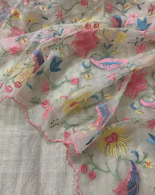 PURE CHANDERI Silk 70 Grams kurta /Pure Silk Organza Dupatta    PARSI GARA UNSTITCHED SUIT CH54230
