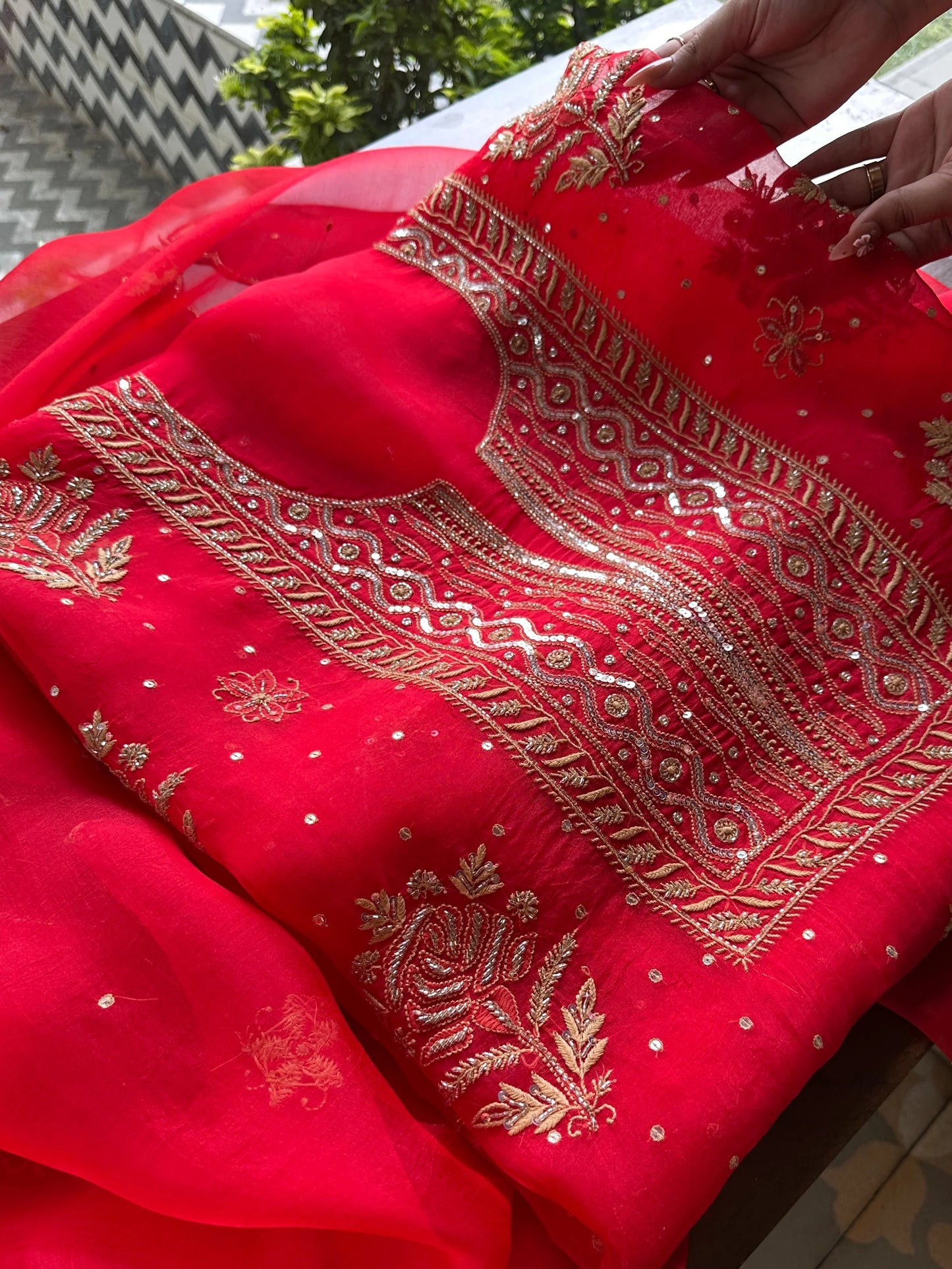 Atharva Heritage Red Noor Organza Silk Chikankari Unstitched Kurta Dupatta Set SL89000646