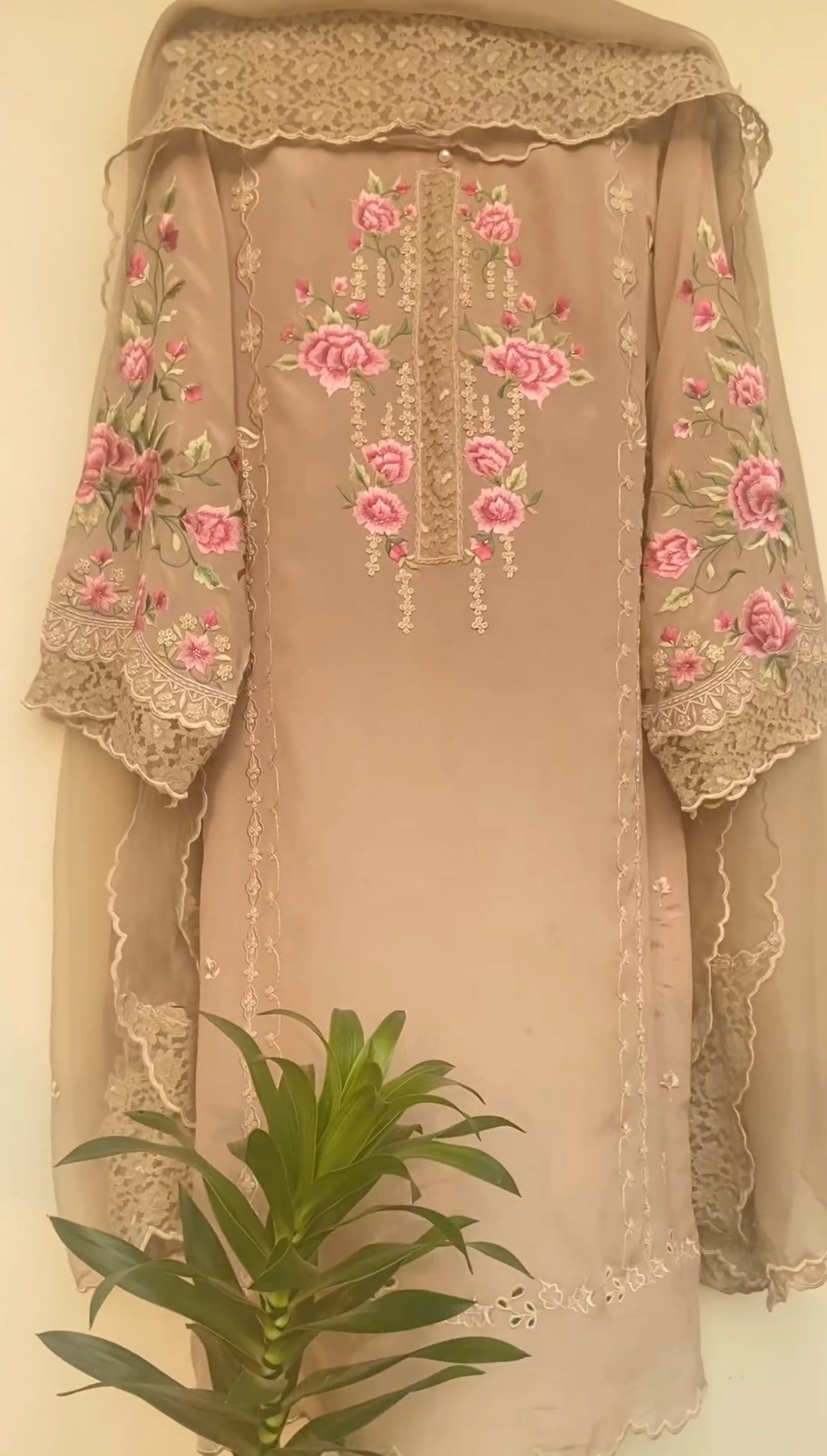Atharva Heritage Beige Elegance in every stitch: Embrace the timeless beauty of Pure Georgette Parsi Gara  suit paired with a delicate Georgette Lace Designer Dupatta." GE0057 Beige