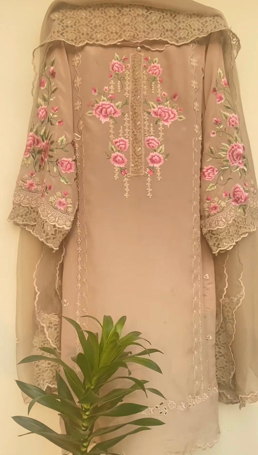 Atharva Heritage Beige Elegance in every stitch: Embrace the timeless beauty of Pure Georgette Parsi Gara  suit paired with a delicate Georgette Lace Designer Dupatta." GE0057 Beige