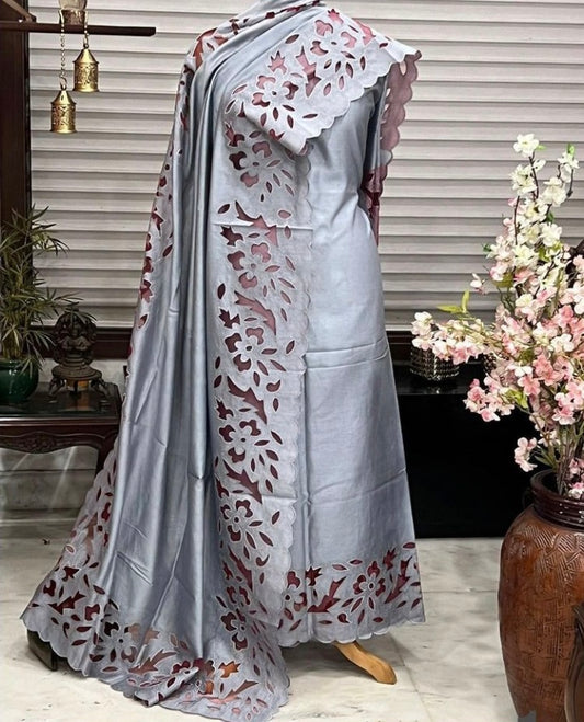 ATHARVA HERITAGE Hand CUTWORK Embroidery Salwar Kameez/Pure Mul Chanderi Cut-Work Shirt & Dupatta/Santoon Bottom/Custom Stitch Unstitch/Plazo/Pant/CUT80363 Grey
