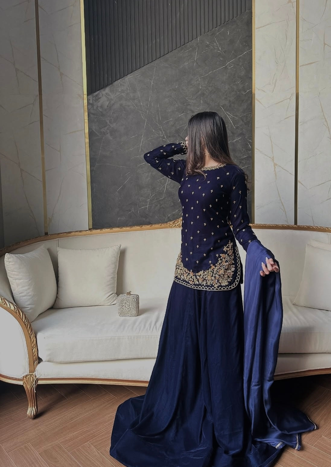 Atharva Heritage Royal Blue Pure Silk Velvet Garara Set with Hanzardozi Embroidery 181331921