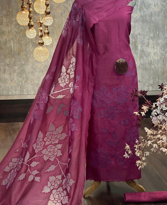 ATHARVA HERITAGE Hand CUTWORK Embroidery Salwar Kameez/Pure Chanderi Shirt & Dupatta/Santoon Bottom/CUT80365 Wine
