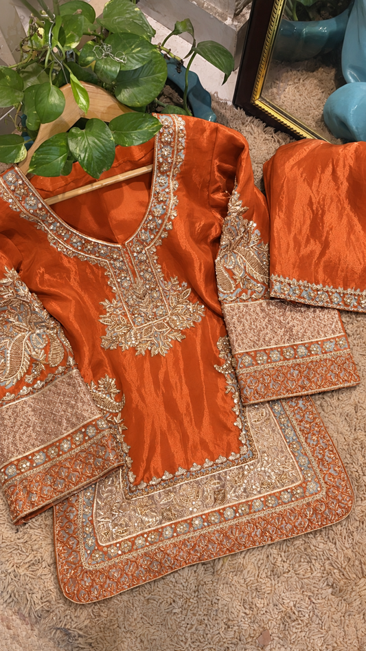 Atharva Heritage ✨Kerwachauth Special  – Pure SATIN organza 80 Grams Zardozi Ensemble Front Embroidery 3 Pc  ✨ PTSTHZ567