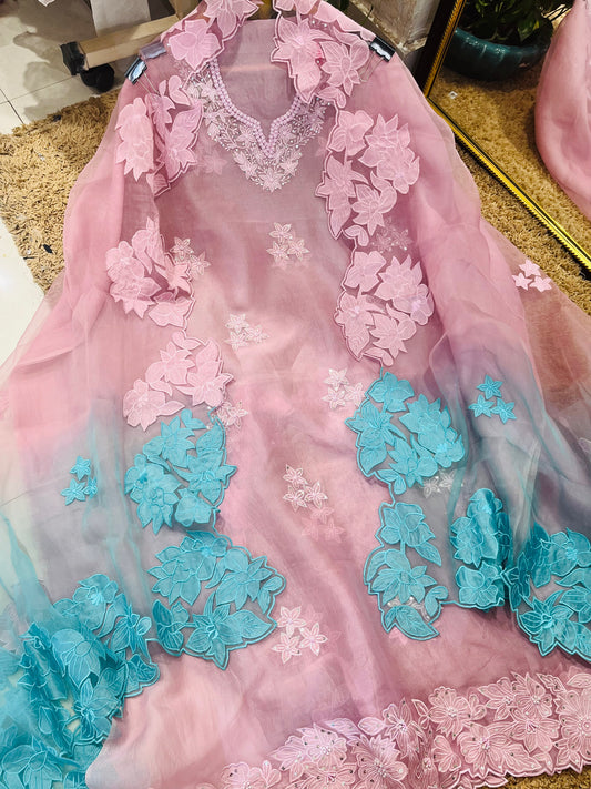 Sheer Luxury Pakistani Appliqué Suit PL0015LT Lavender with Turquoise