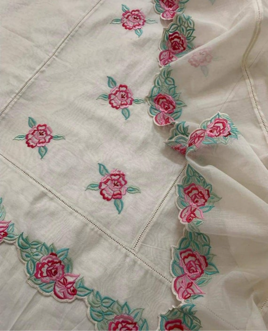 PURE MUL CHANDERI  kurta AND Dupatta PARSI GARA UNSTITCHED SUIT CH54238 Ivory