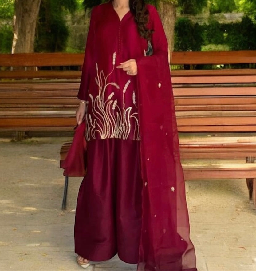 Atharva Heritage Pure Raw Silk Kurta Set with Satin Silk Farshi Salwar & Organza Dupatta – Hand Embroidered PRFS0056