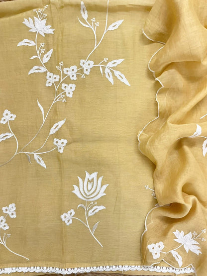 Atharva Heritage/Pure Mul Chanderi Shirt & Dupatta/ Hand Applique /Cotton Silk  Bottom/CUT80373 Yellow