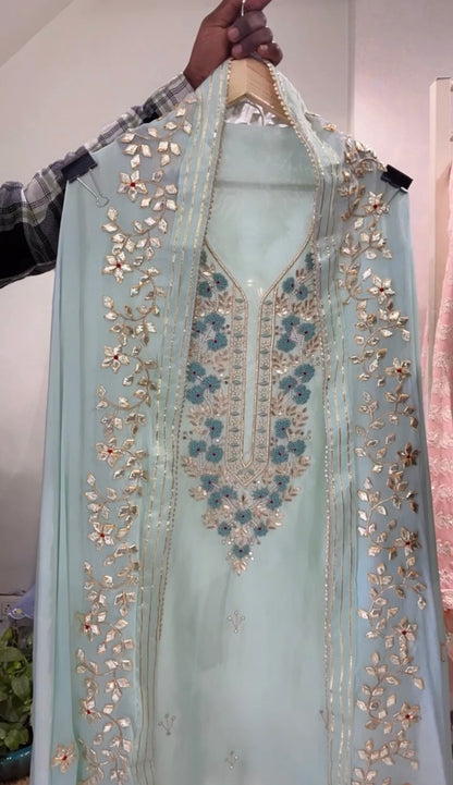 ATHARVA Hand Embroidered Salwar Kameez w/ Mint Chanderi Shirt/Gota Pati Chiffon Dupatta/Custom Stitch Unstitch/Custom Anarkali/CH18017 Mint
