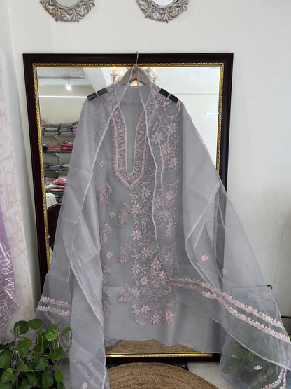 Atharva Heritage Sheer Luxury “Handcrafted 2-Taar Shadow Lucknowi Embroidered Suit – Pure Silk Organza | Limited Edition AH-1813-3198