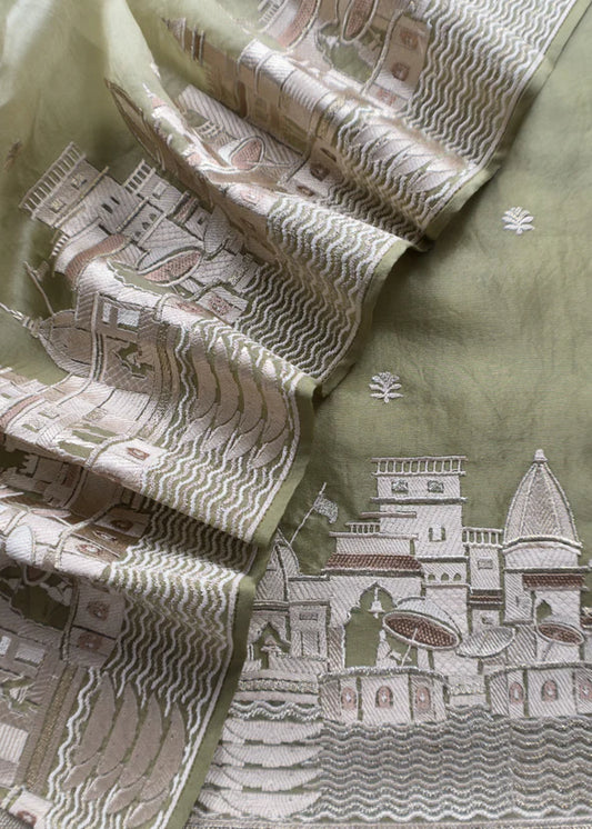 Atharva Heritage Premium Organza Silk Suit Fabric with Kashi Ghat Embroidery SOKG157