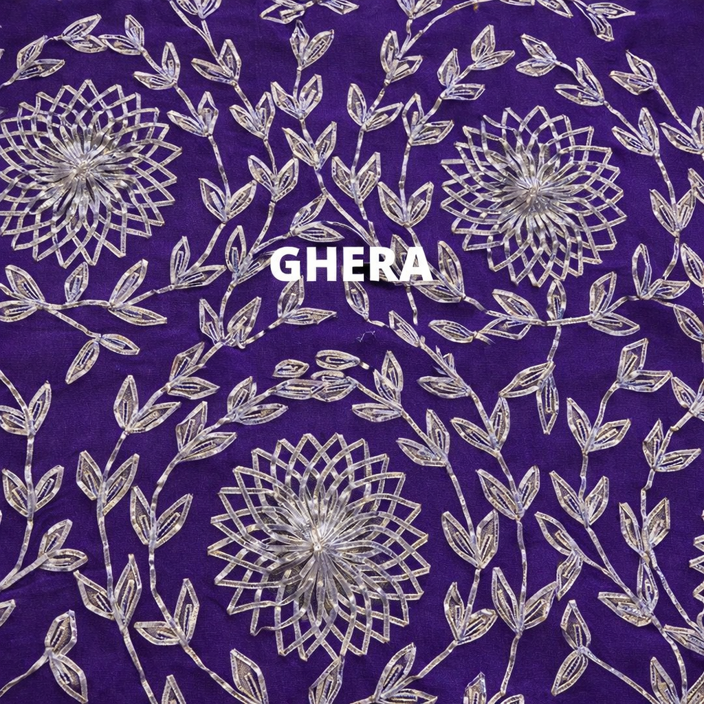 Atharva Heritage "Ombré Elegance in every stitch: Embrace the timeless beauty of Pure Georgette 80 Grams  Gota suit paired with a delicate Pure Silk Organza  Gota Embroidered Dupatta." GE0056 Purple Mint and Yellow