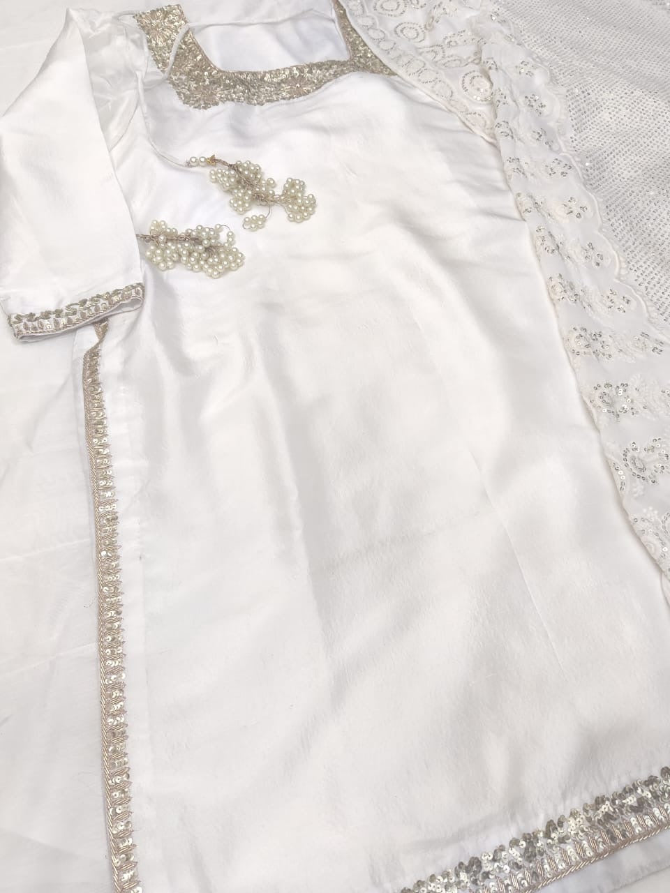 Atharva Heritage Pearl White Hand-Embroidered Raw Silk Pakistani Suit | Custom Stitched up to 9XL PRA001
