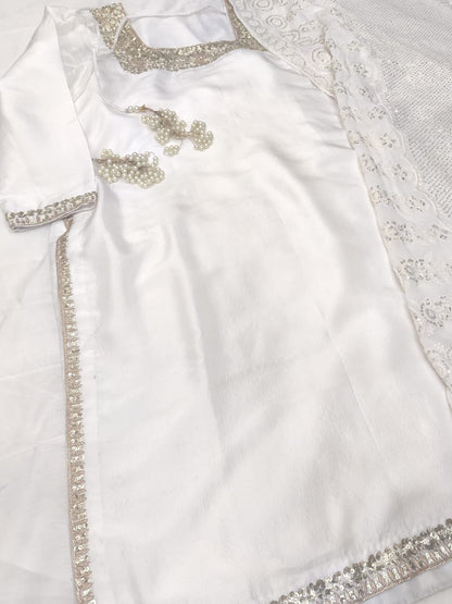 Atharva Heritage Pearl White Hand-Embroidered Raw Silk Pakistani Suit | Custom Stitched up to 9XL PRA001
