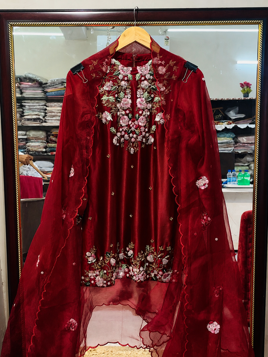 Atharva Heritage Premium Hand-Embroidered Farshi Salwar Suit in Pure Satin Silk PSSF145