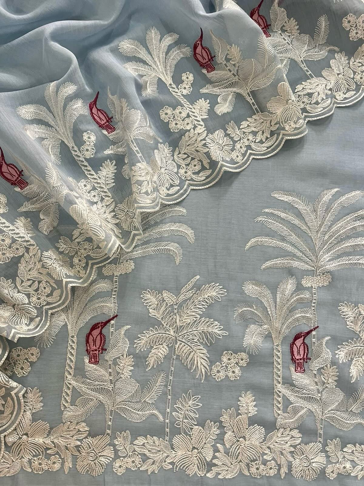 ATHARVA HERITAGE PURE CHANDERI  SILK 70 GRAMS PAKISTANI SUIT FRENCH THREAD EMBROIDERED CHO0078 English Blue