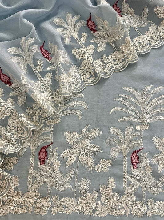 ATHARVA HERITAGE PURE CHANDERI  SILK 70 GRAMS PAKISTANI SUIT FRENCH THREAD EMBROIDERED CHO0078 English Blue