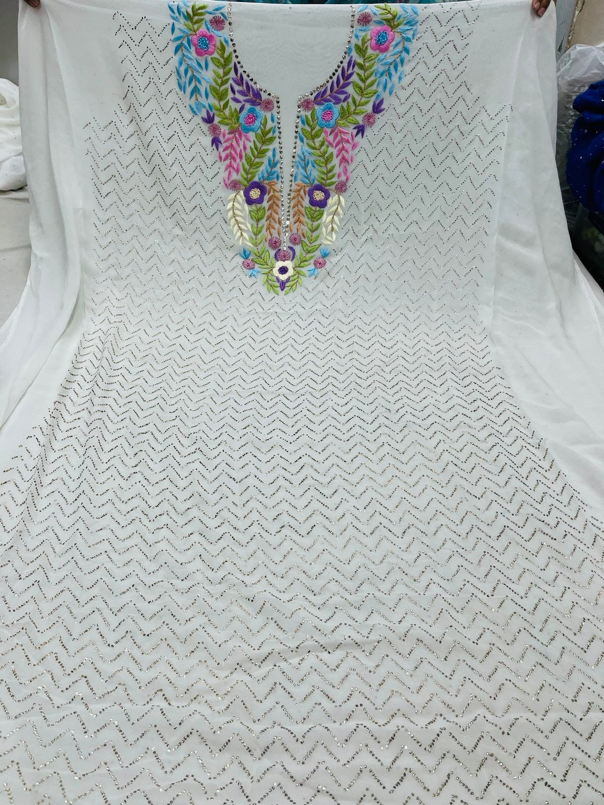 Ivory Hand  Mukaish Kamdani Hand Parsi Gara Neckline Suit CHG0071