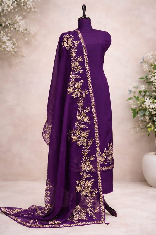 Atharva Heritage Pure Silk Organza Parsi Gara Deep Purple Embroidery Suit SOP543