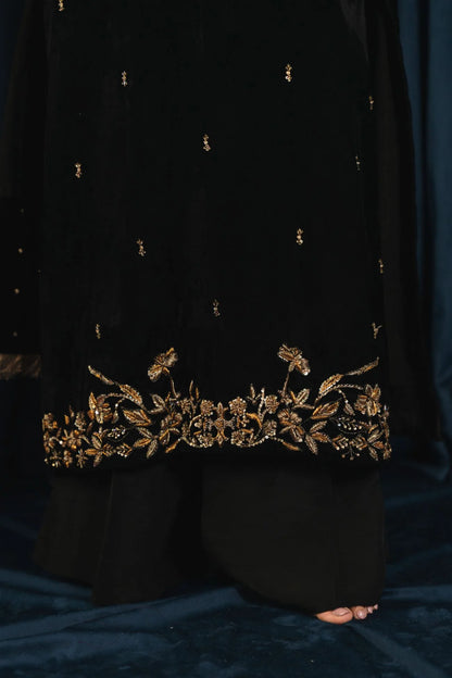 Atharva Heritage Black Pure Silk Velvet Pakistani Suit with Hand Zardozi Embroidery SVHZ7632
