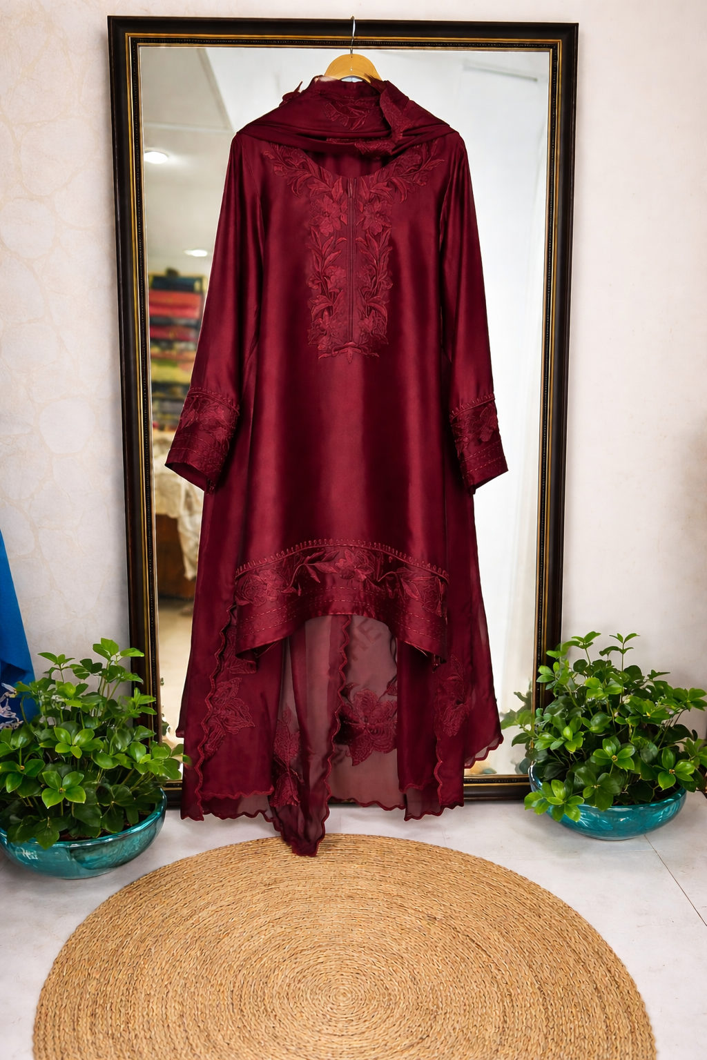 Atharva Heritage Pure Satin Silk Deep Maroon Farsi Salwar Set with Organza Dupatta AH18133191