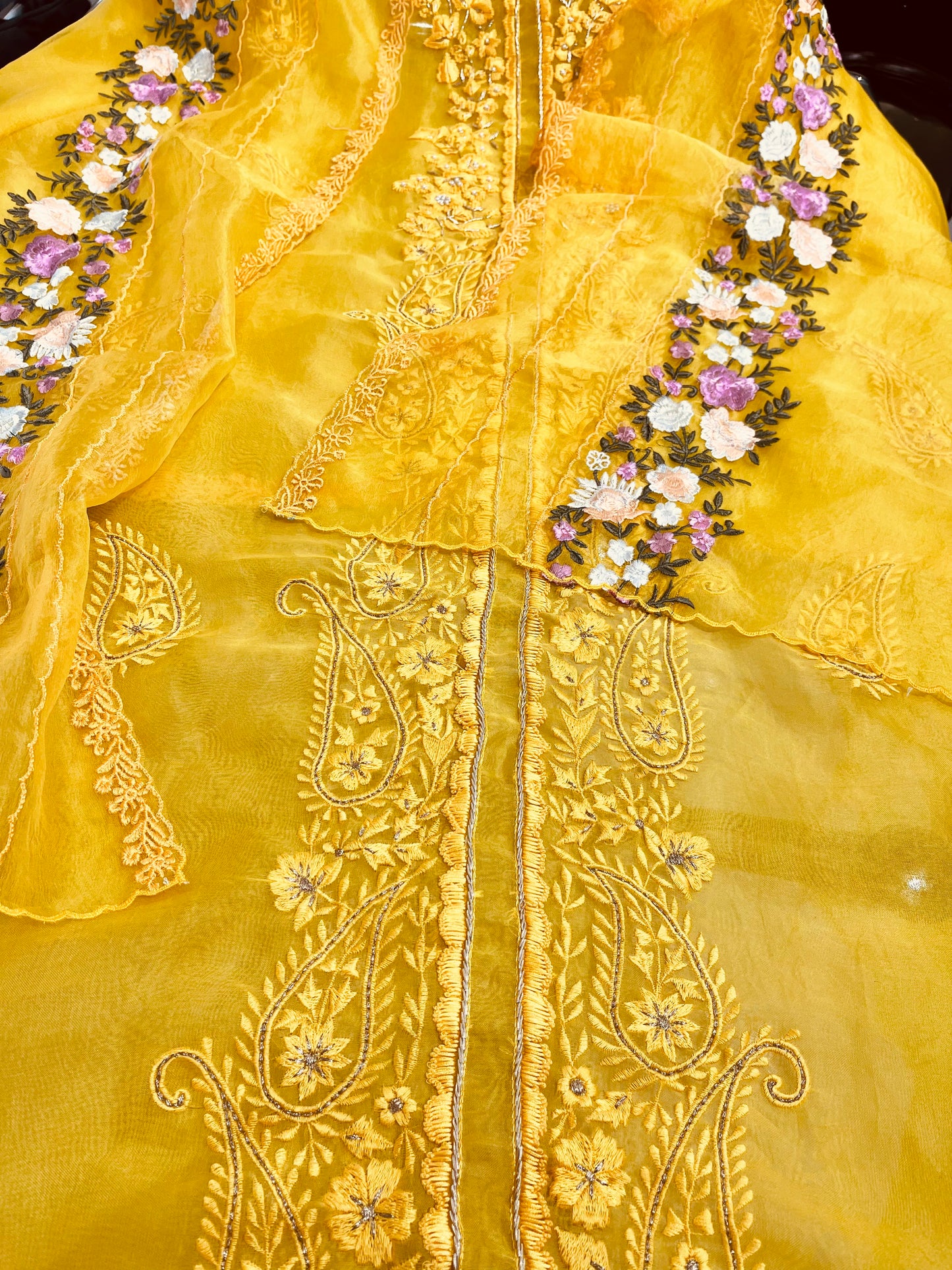 SHEER LUXURY PURE SILK ORGANZA  Suit Hand Zardozi Embroidery /PARSI Dupatta  SHEER0067 Yellow