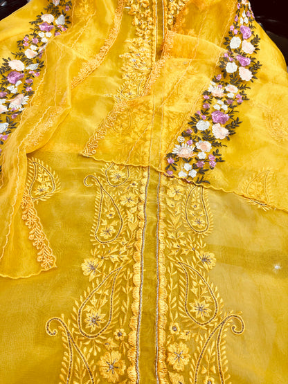 SHEER LUXURY PURE SILK ORGANZA  Suit Hand Zardozi Embroidery /PARSI Dupatta  SHEER0067 Yellow