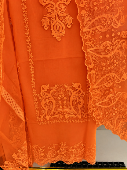 Atharva Heritage Pure Silk Organza Burnt Orange French Thread Monochrome Embroidered unstitched Front and Back  Pakistani Suit SLP001