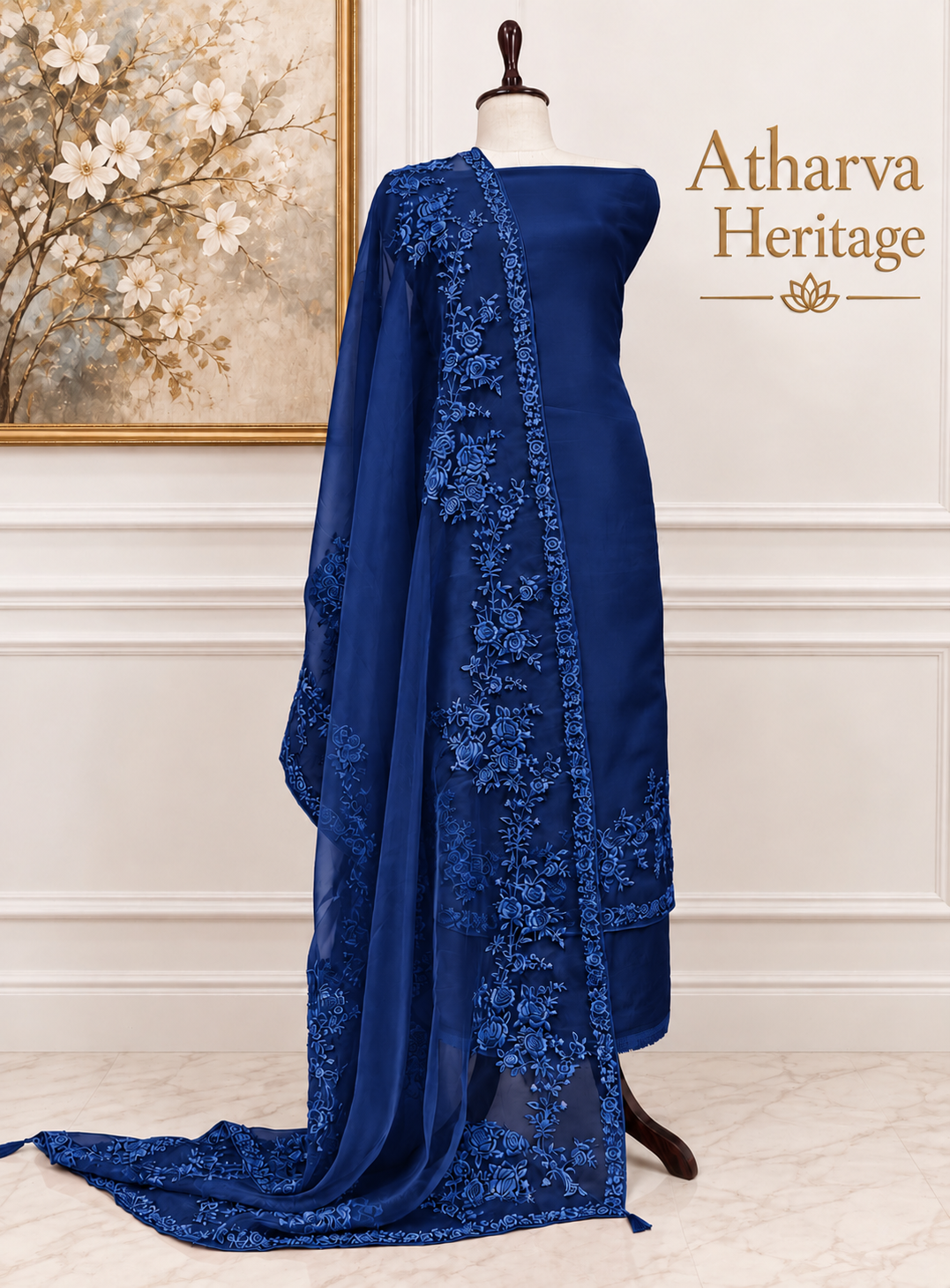 Atharva Heritage Pure Silk Organza Parsi Thread Monochrome Embroidery Front And Back  Suit SOP543