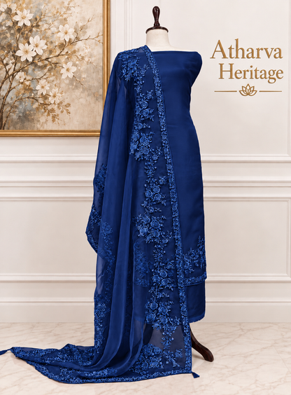 Atharva Heritage Pure Silk Organza Parsi Thread Monochrome Embroidery Front And Back  Suit SOP543