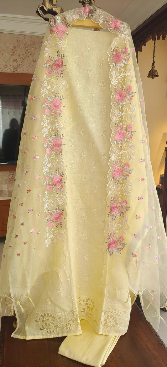 PURE CHANDERI SILK AND ORGANZA EDITS LC1701YELLOW