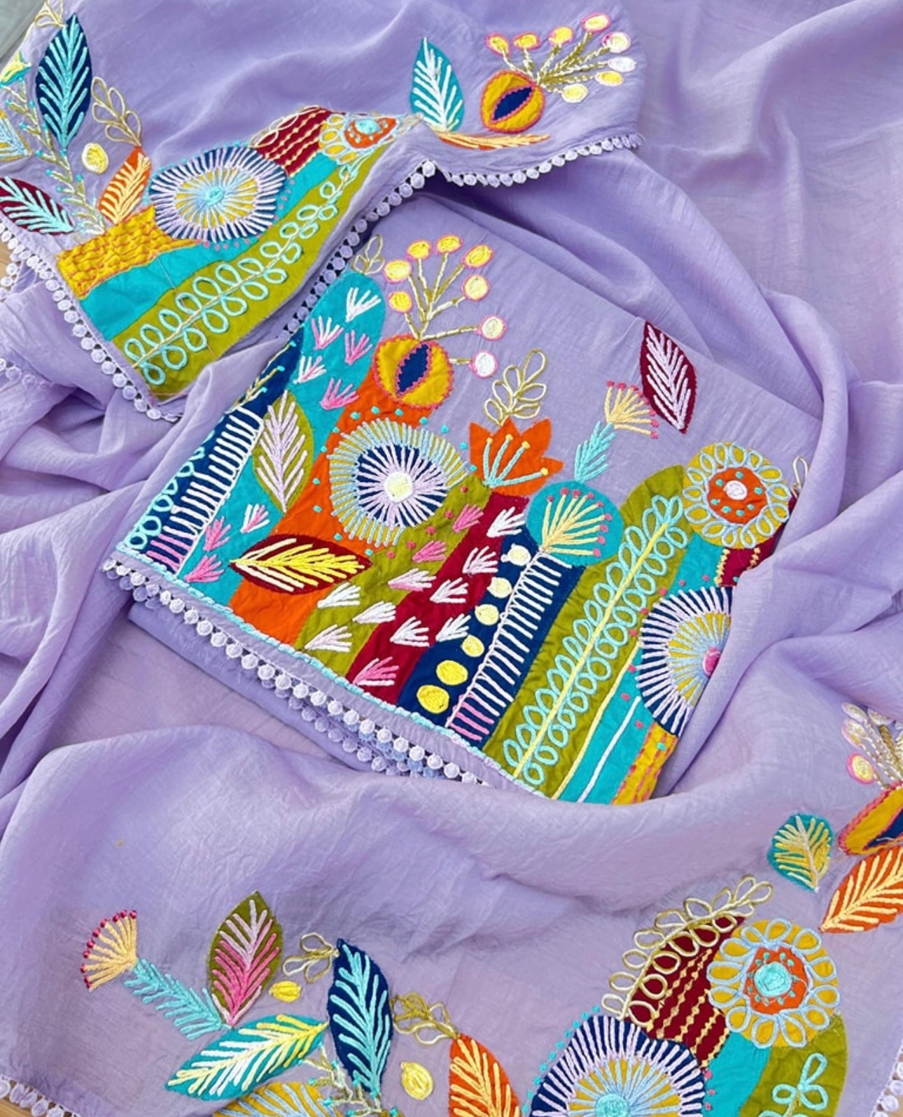 ATHARVA Hand Applique /Cutwork  Embroidery Salwar Kameez/pure Mul Chanderi  Shirt & Dupatta/Santoon Bottom/Custom Stitch Unstitch/Plazo/Pant/ CUT8068