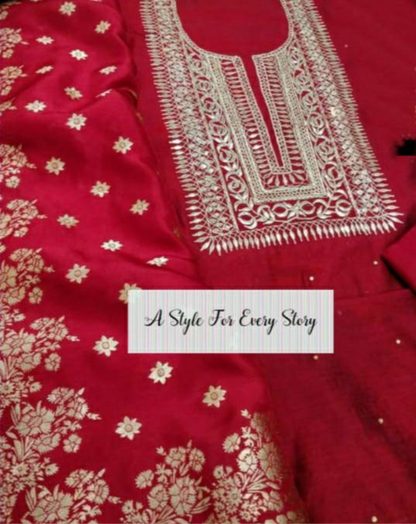 ATHARVA  Hand Embroidered Salwar Kameez w/ Embroidered Neck Reds/Banarsi Silk Dupatta/Bridal/Wedding/Custom Stitch/ CH1278