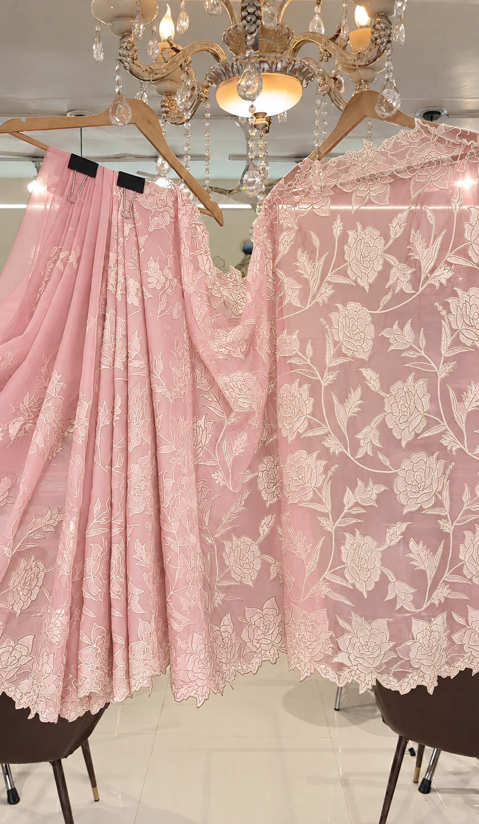 Atharva Heritage Sheer LuxuryPure Silk Organza Hand Applique Pastel Pink and Ivory Applique Saree AH-001(D)