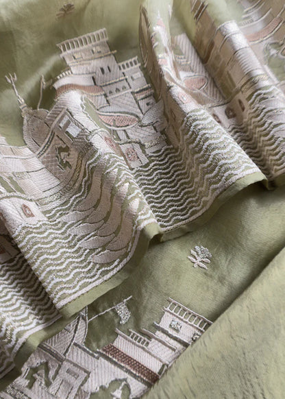 Atharva Heritage Premium Organza Silk Suit Fabric with Kashi Ghat Embroidery SOKG157