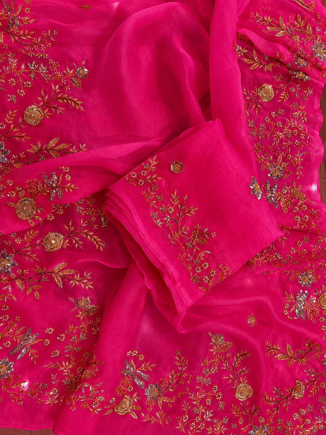 Atharva Heritage Hot Pink Pure Silk Organza Saree – Trousseau Collection | 400+ Hours Hand-Embroidered Luxury RLS178