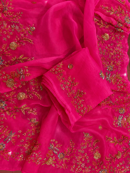 Atharva Heritage Hot Pink Pure Silk Organza Saree – Trousseau Collection | 400+ Hours Hand-Embroidered Luxury RLS178