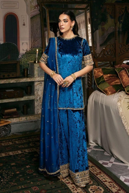 Atharva Heritage Rich Blue Pure Silk Velvet Zardozi Suit with Loose Plazo & Mukesh Kandhani Dupatta SVBMKZ1667