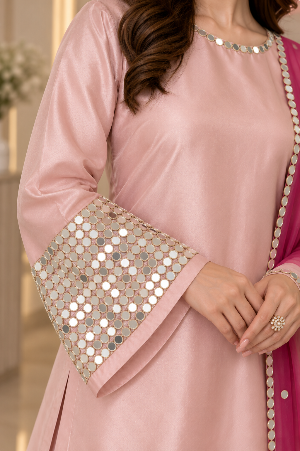 Atharva Heritage Pure Silk Long-Pakistani Suit with Hand-Embroidered Mirror Work & Ombre Dupatta PSJ1651