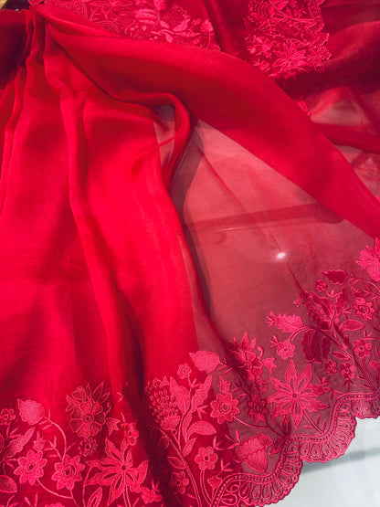 Atharva Heritage Red Kerwachauth Saree in Pure Silk Organza with French Thread Monochrome Embroidery