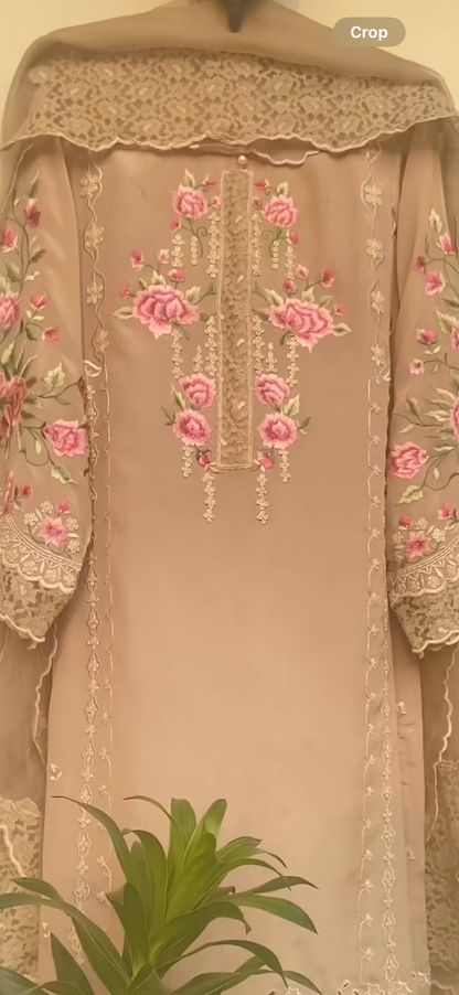 Atharva Heritage Beige Elegance in every stitch: Embrace the timeless beauty of Pure Georgette Parsi Gara  suit paired with a delicate Georgette Lace Designer Dupatta." GE0057 Beige