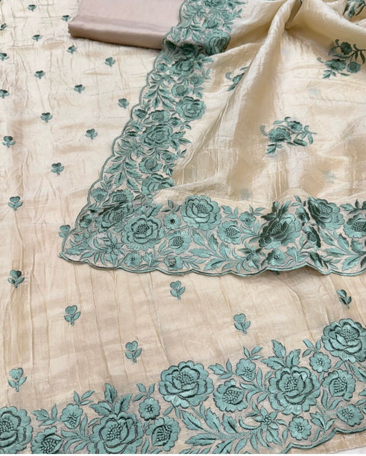 PURE MUL CHANDERI  kurta AND Dupatta PARSI GARA UNSTITCHED SUIT CH54236 Ivory and Dusty Blue