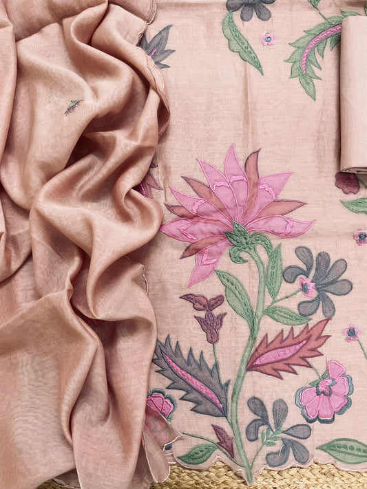 Atharva Heritage/Pure Mul Chanderi Shirt & Dupatta/ Hand Applique/Cutwork with Thread Embroidery/Cotton Silk  Bottom/CUT80392