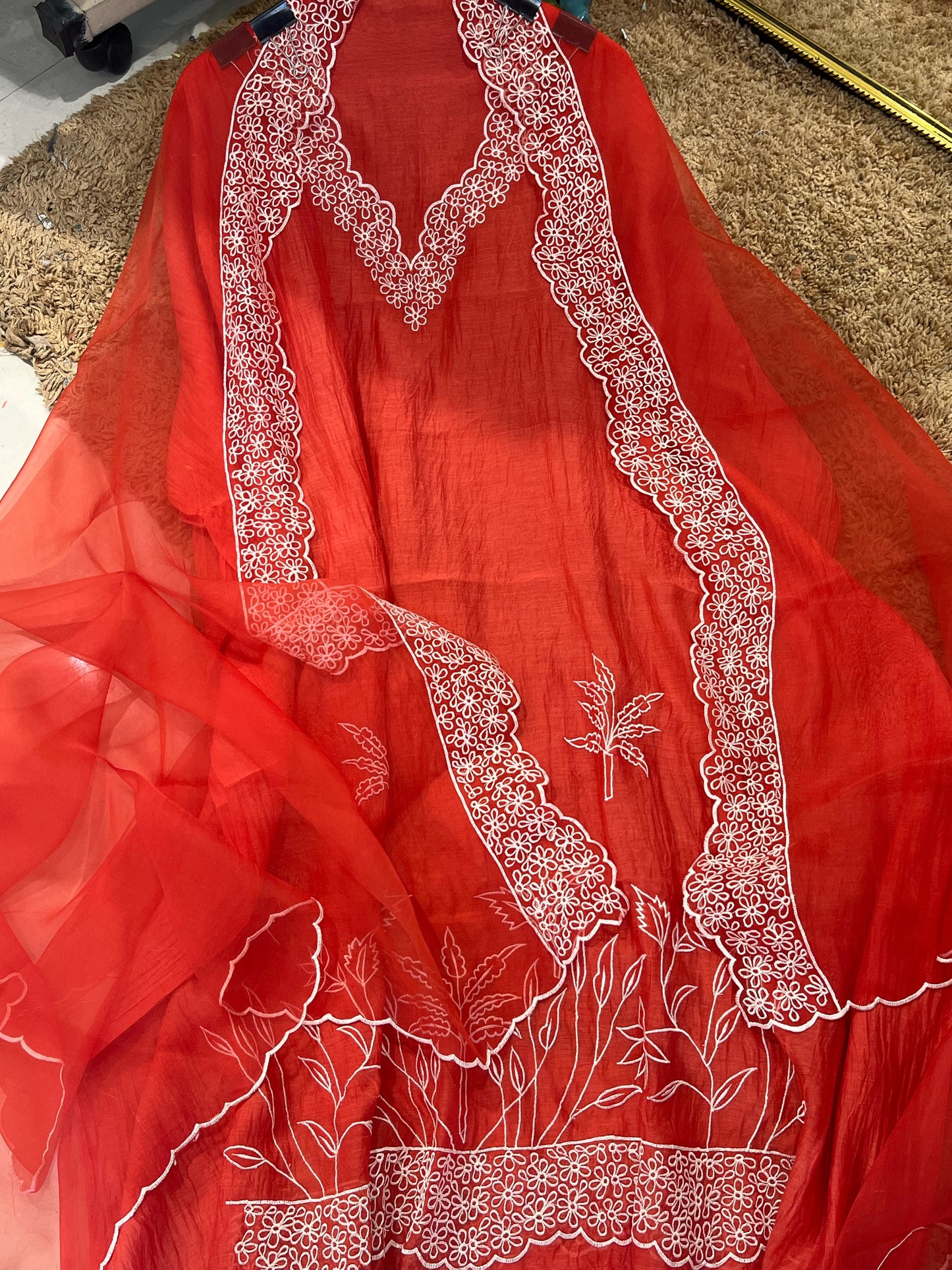 PURE MUL CHANDERI  AND Pure Silk ORGANZA EDITS CHO00156BR  Brick Red