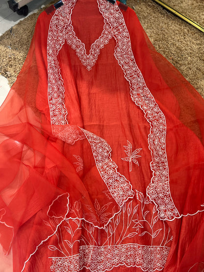 PURE MUL CHANDERI  AND Pure Silk ORGANZA EDITS CHO00156BR  Brick Red